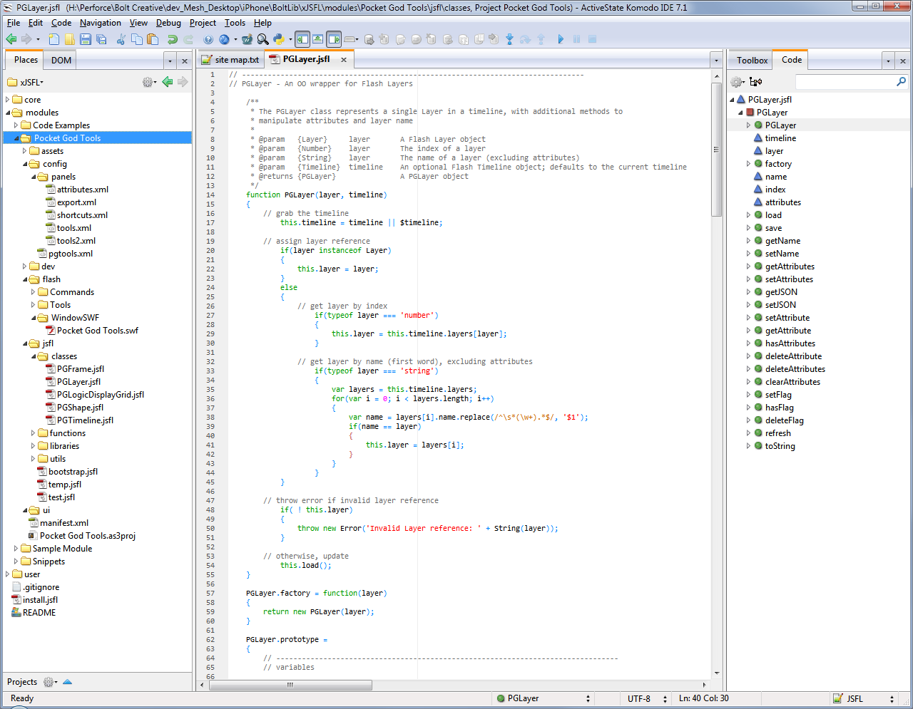 The Pocket God Tools module, being edited in Komodo